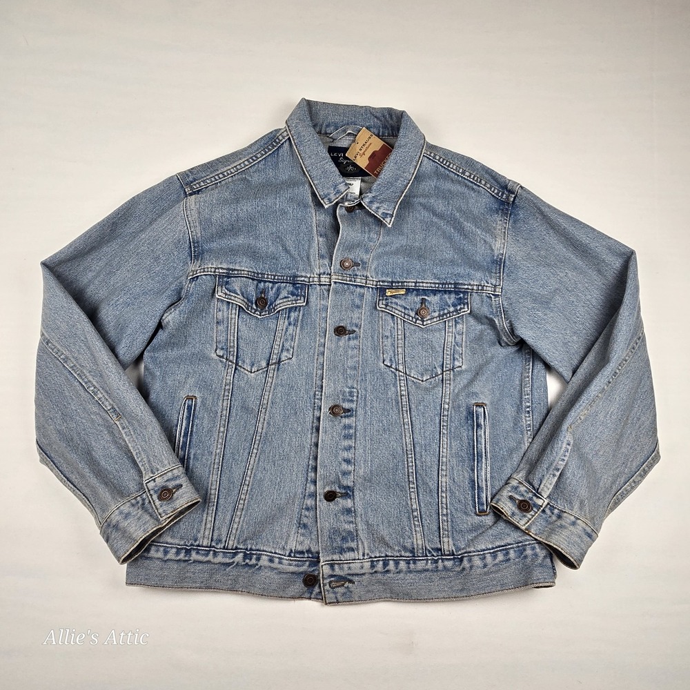 Levi Strauss Signature Jean Trucker Jacket Mens L Blue Denim Wash Button New